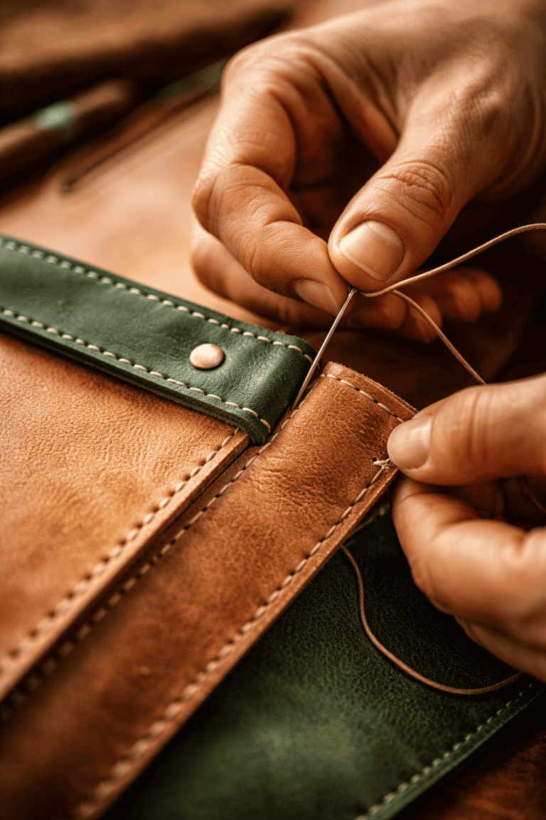 Hände bei der Ledernähtarbeit